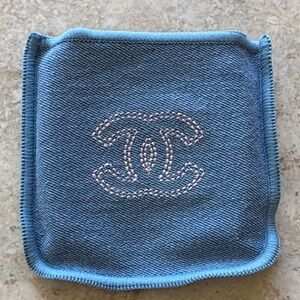 CHANEL Light Blue Denim Square Pouch with Embroidered CC